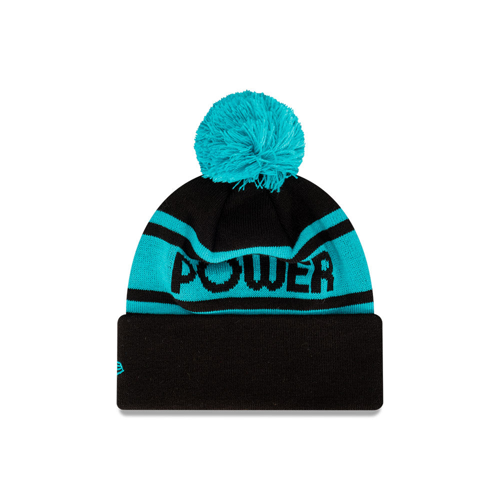 Port Adelaide Power Beanie - AFL Black Retro Spellout Pom Knit - New Era
